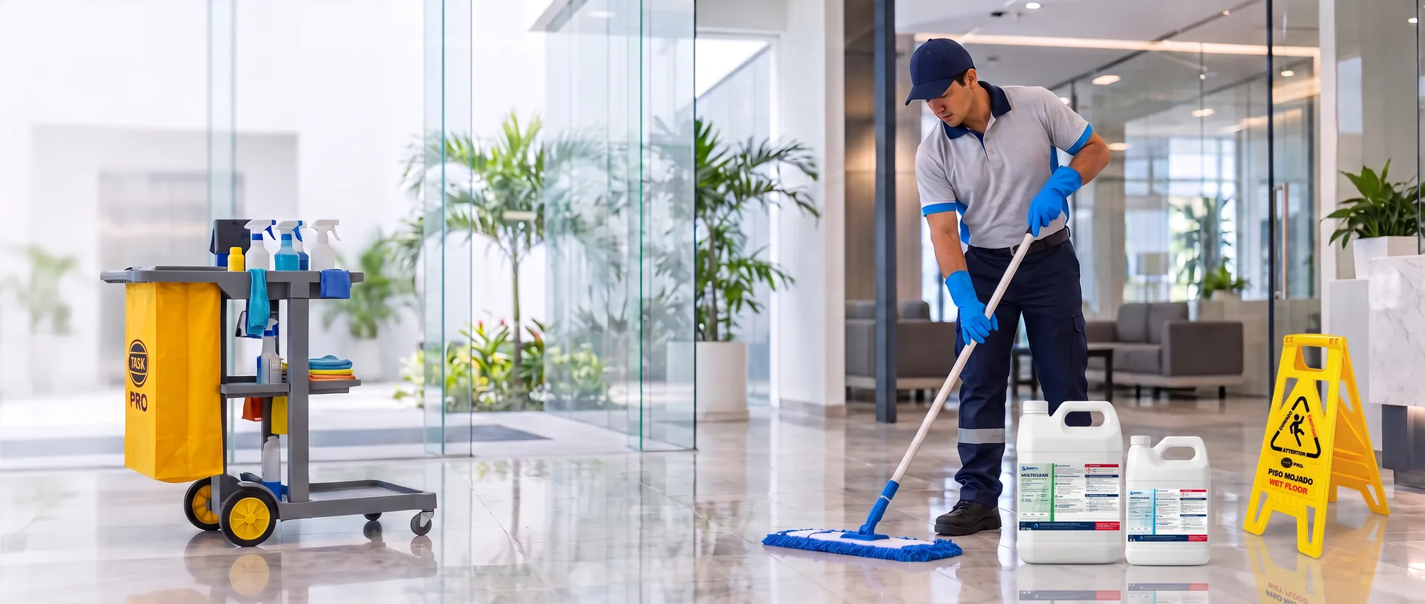 Operario limpiando el piso de un lobby corporativo junto a un carro de aseo, una garrafa de MultiClean, un galón de CristalClean y una señal de piso mojado