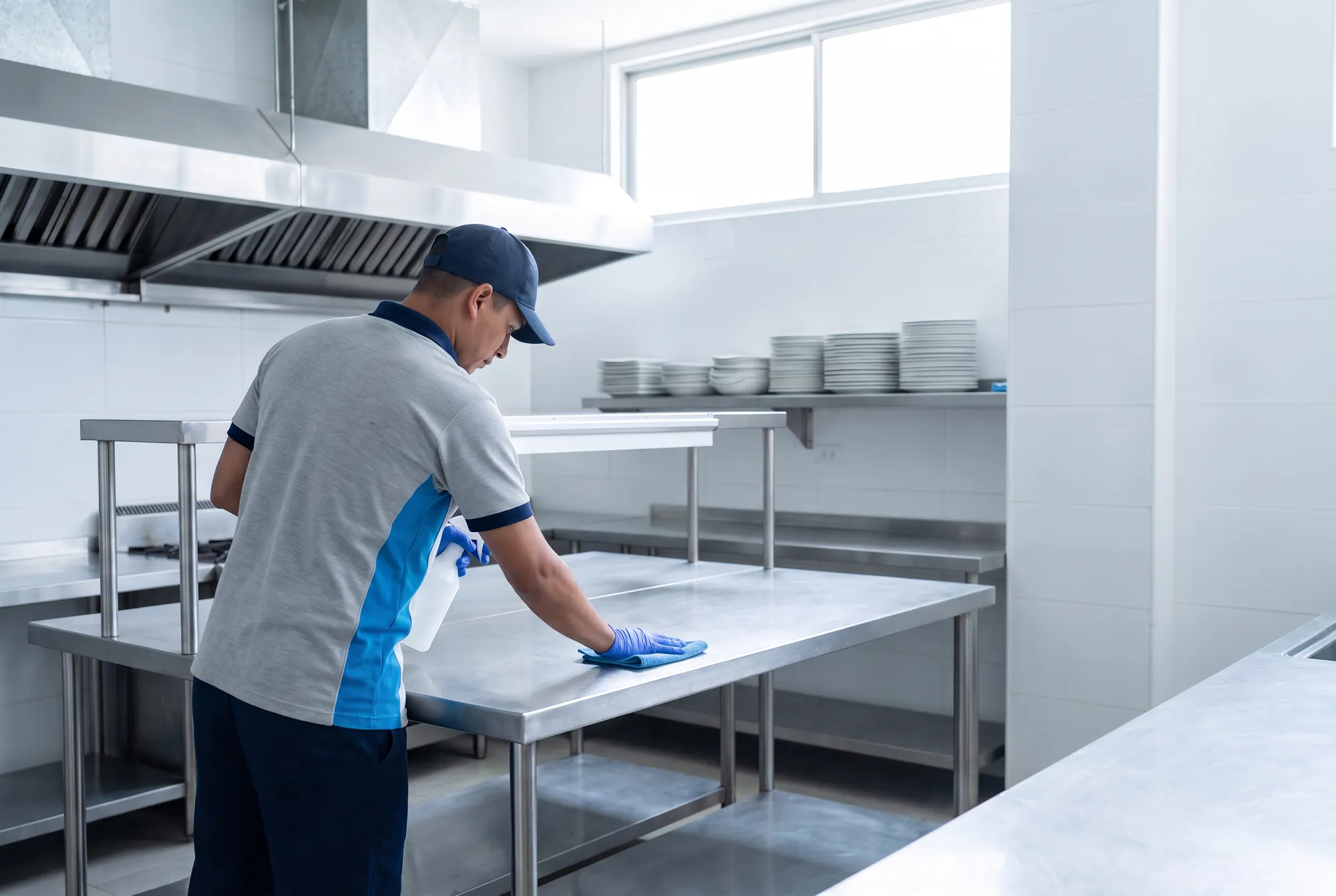 Operario limpia una mesa de acero inoxidable en la cocina de un hotel