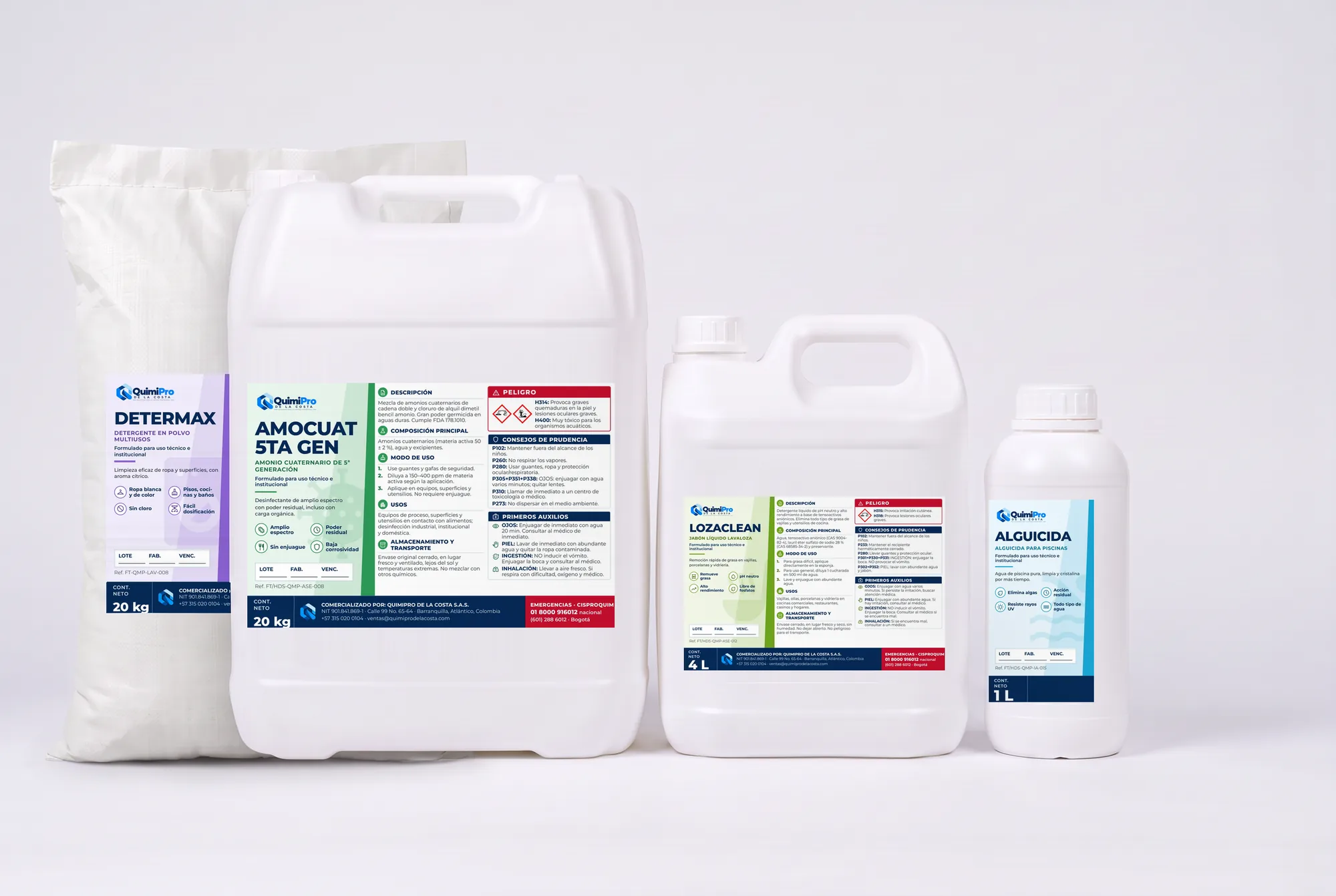 Saco de DeterMax, garrafa de AmoCuat 5ta Gen, galón de LozaClean y botella de Alguicida con su etiqueta QuimiPro