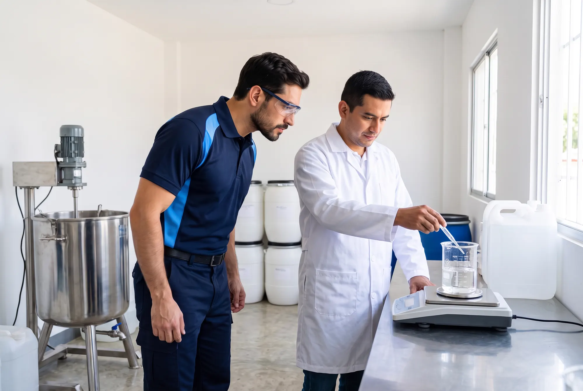 Técnico acompaña a un formulador que pesa una muestra junto a un tanque de mezcla