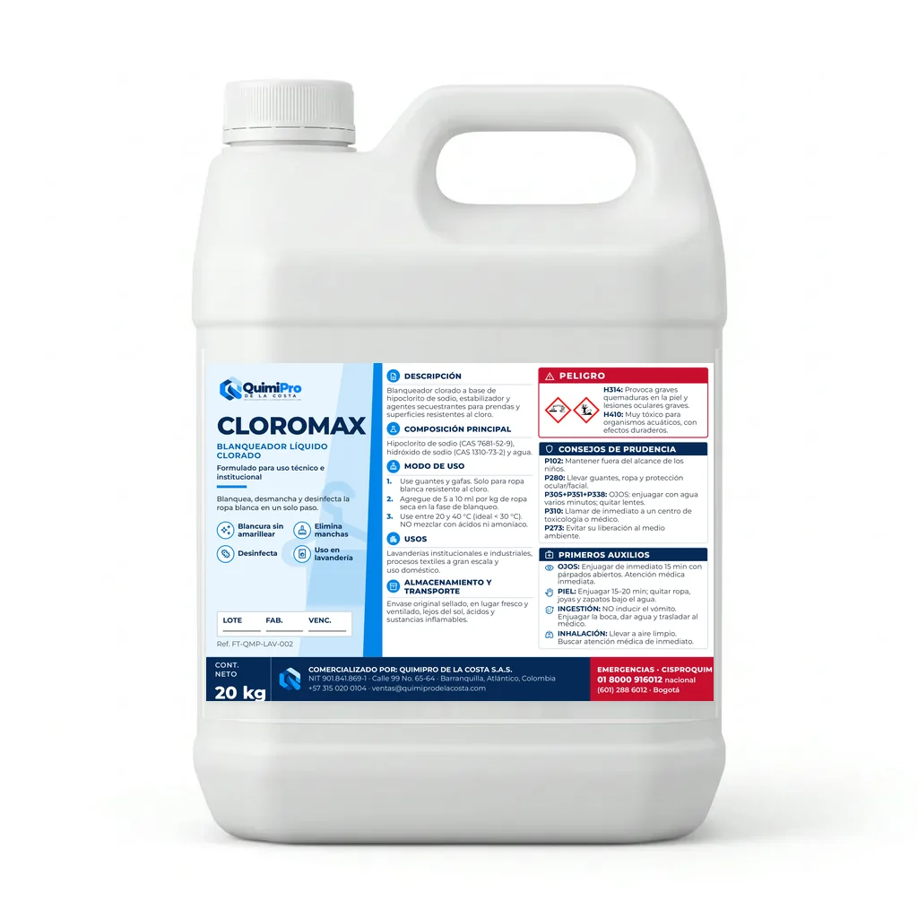 Envase de 20 kg de CloroMax Blanqueador Líquido Clorado con su etiqueta