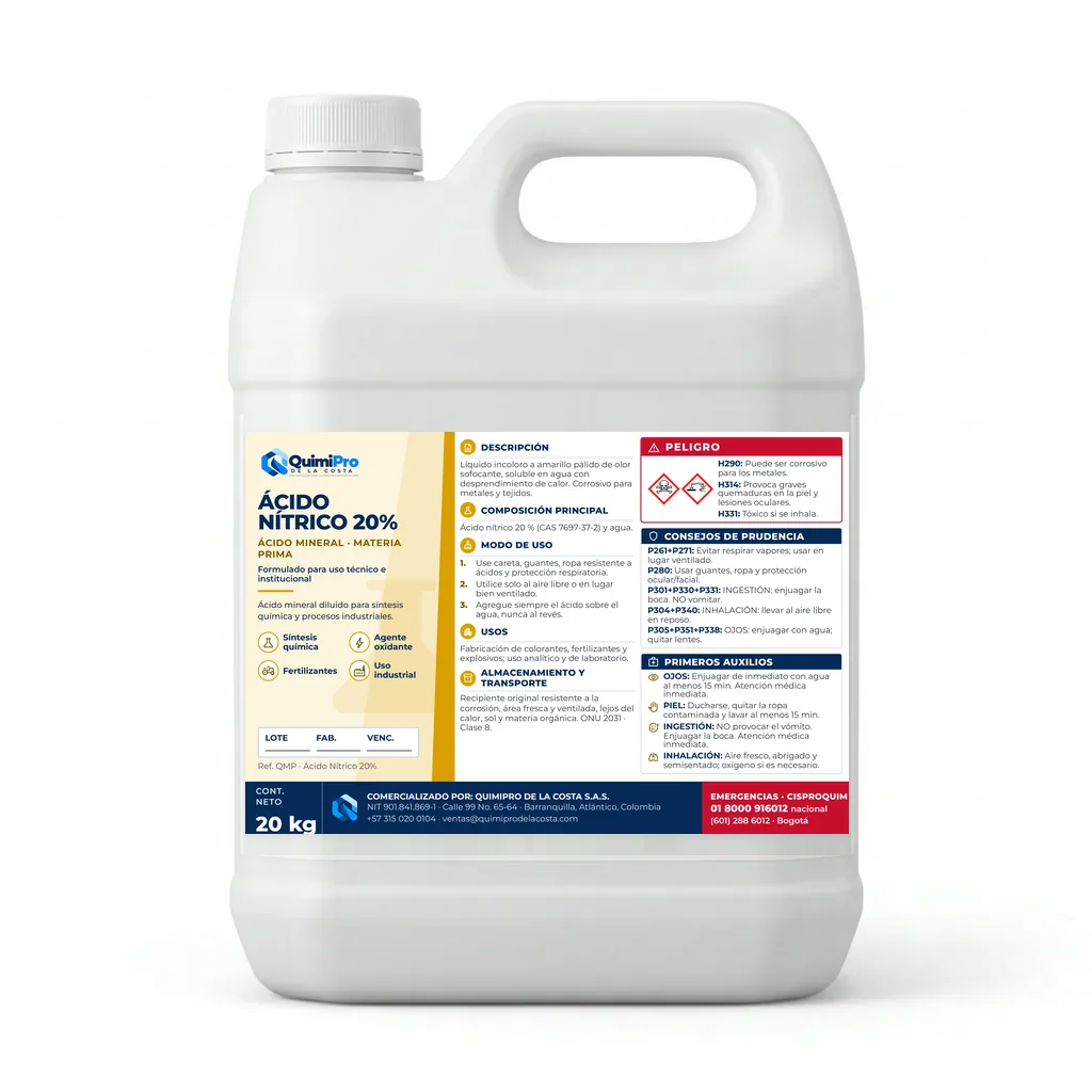 Envase de 20 kg de Ácido nítrico 20% con su etiqueta