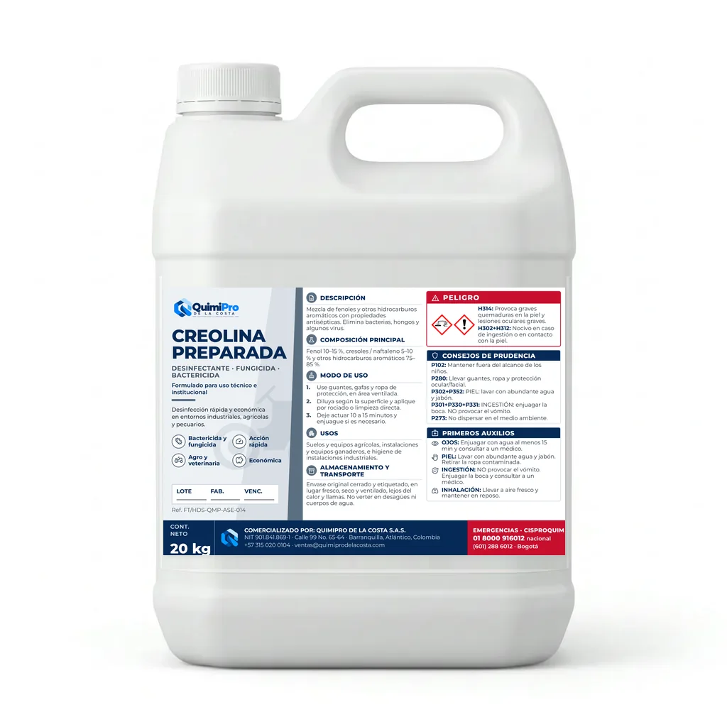 Envase de 20 kg de Creolina preparada con su etiqueta