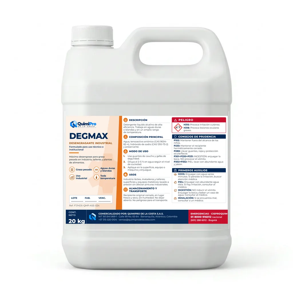 Envase de 20 kg de DegMax Desengrasante Industrial con su etiqueta