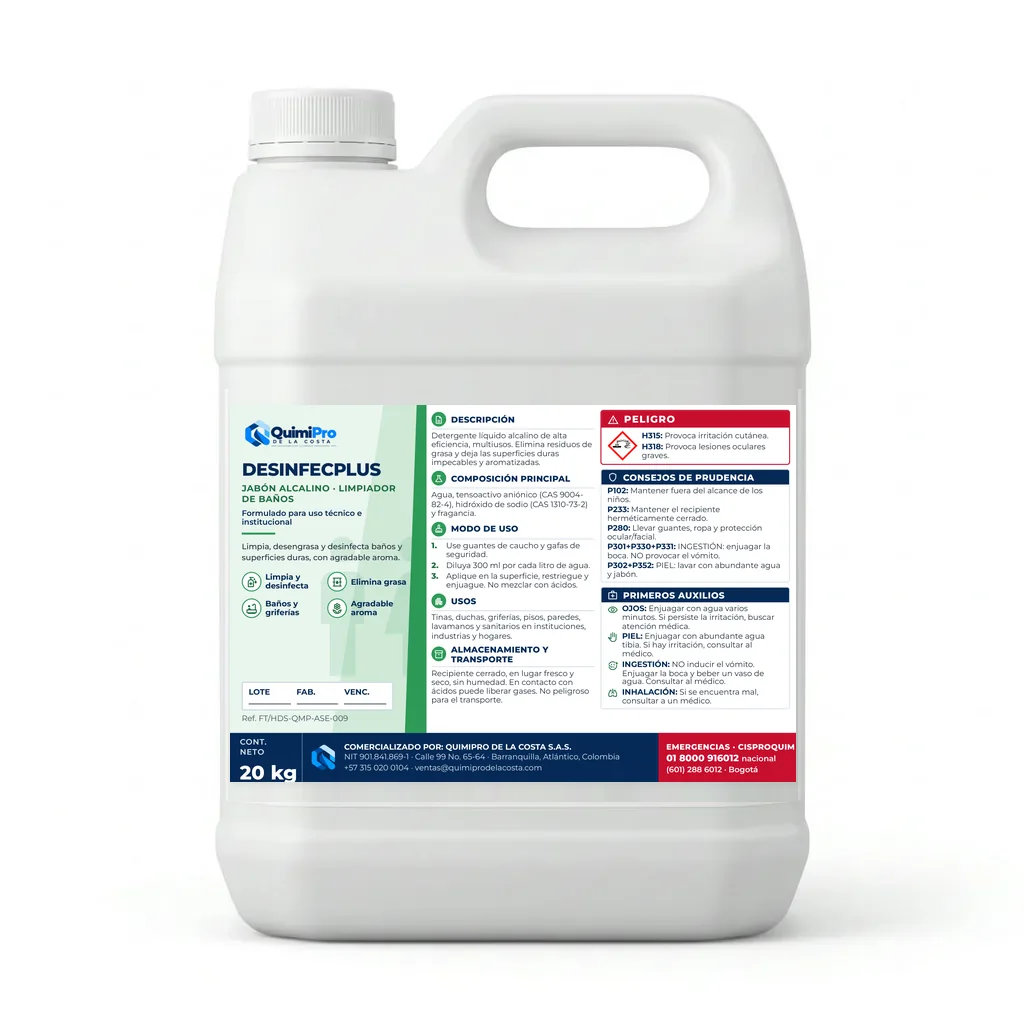 Envase de 20 kg de DesinfecPlus Limpiador de Baños con su etiqueta
