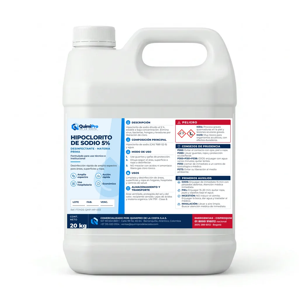 Envase de 20 kg de Hipoclorito 5% con su etiqueta