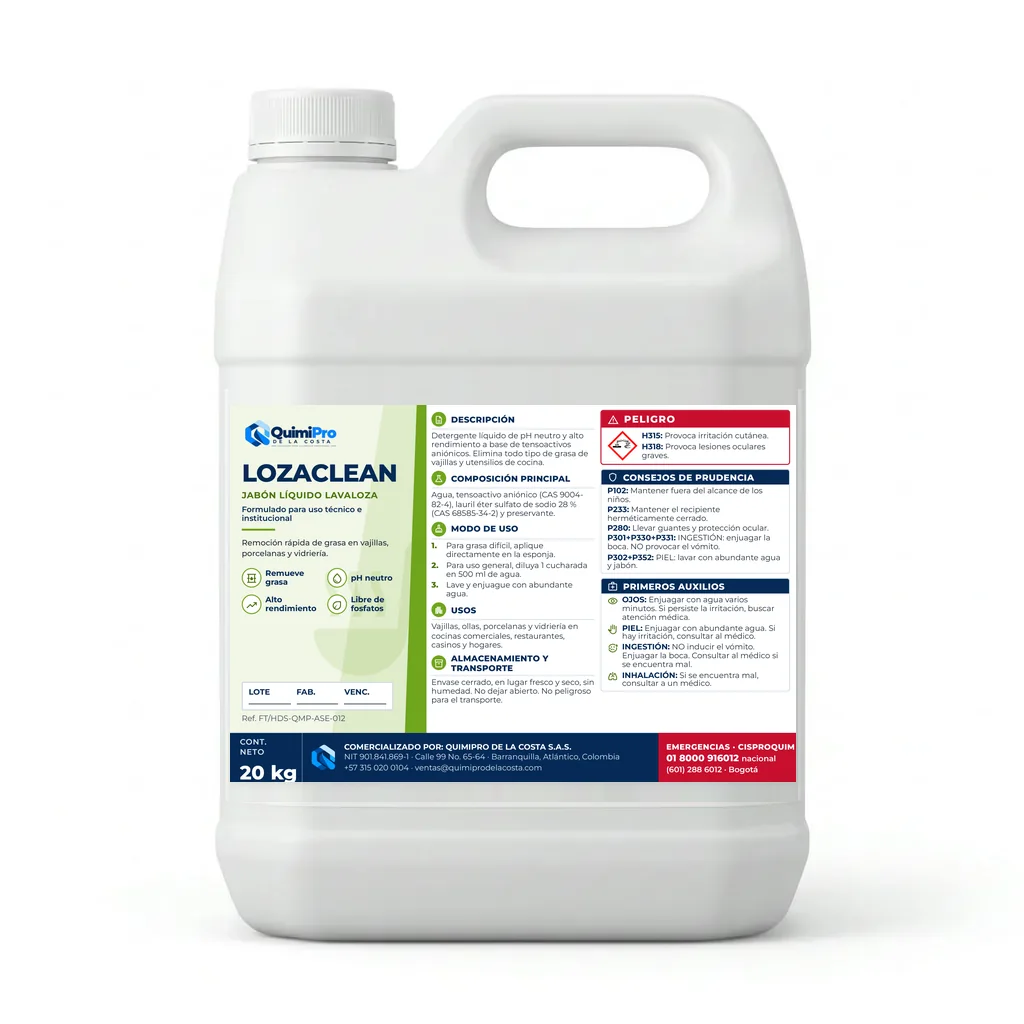 Envase de 20 kg de LozaClean Jabón Lavaloza con su etiqueta