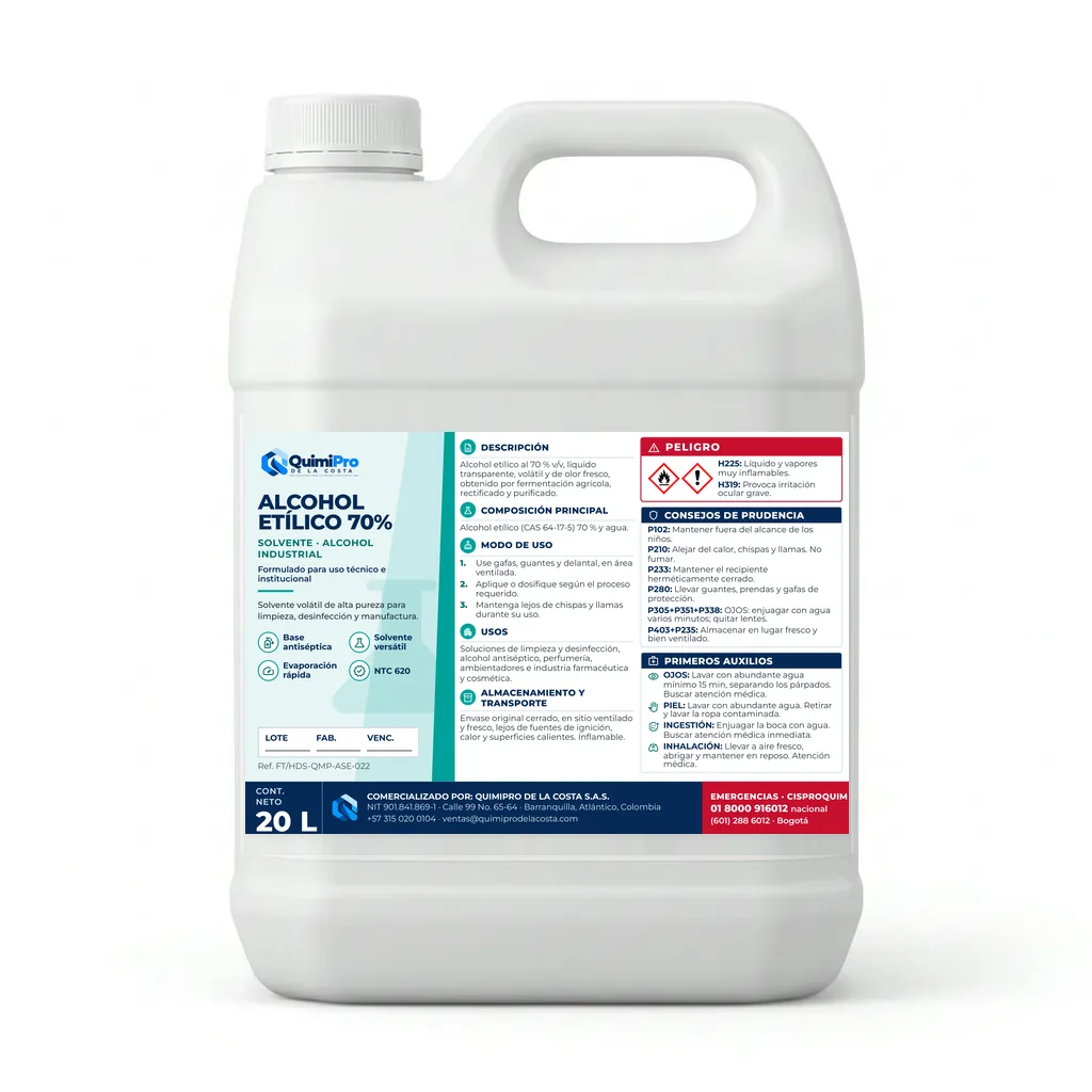 Envase de 20 L de Alcohol Etílico 70% con su etiqueta
