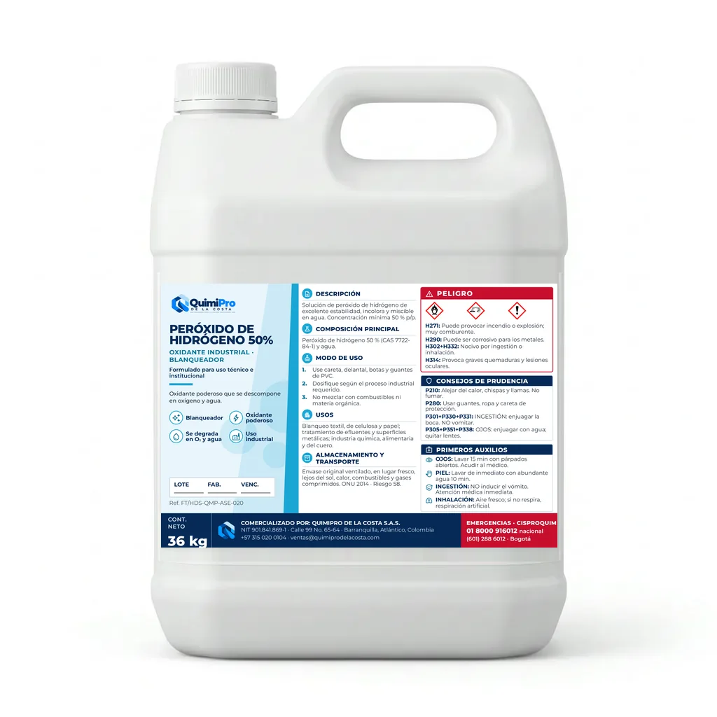 Envase de 36 kg de Peróxido de Hidrógeno 50% con su etiqueta