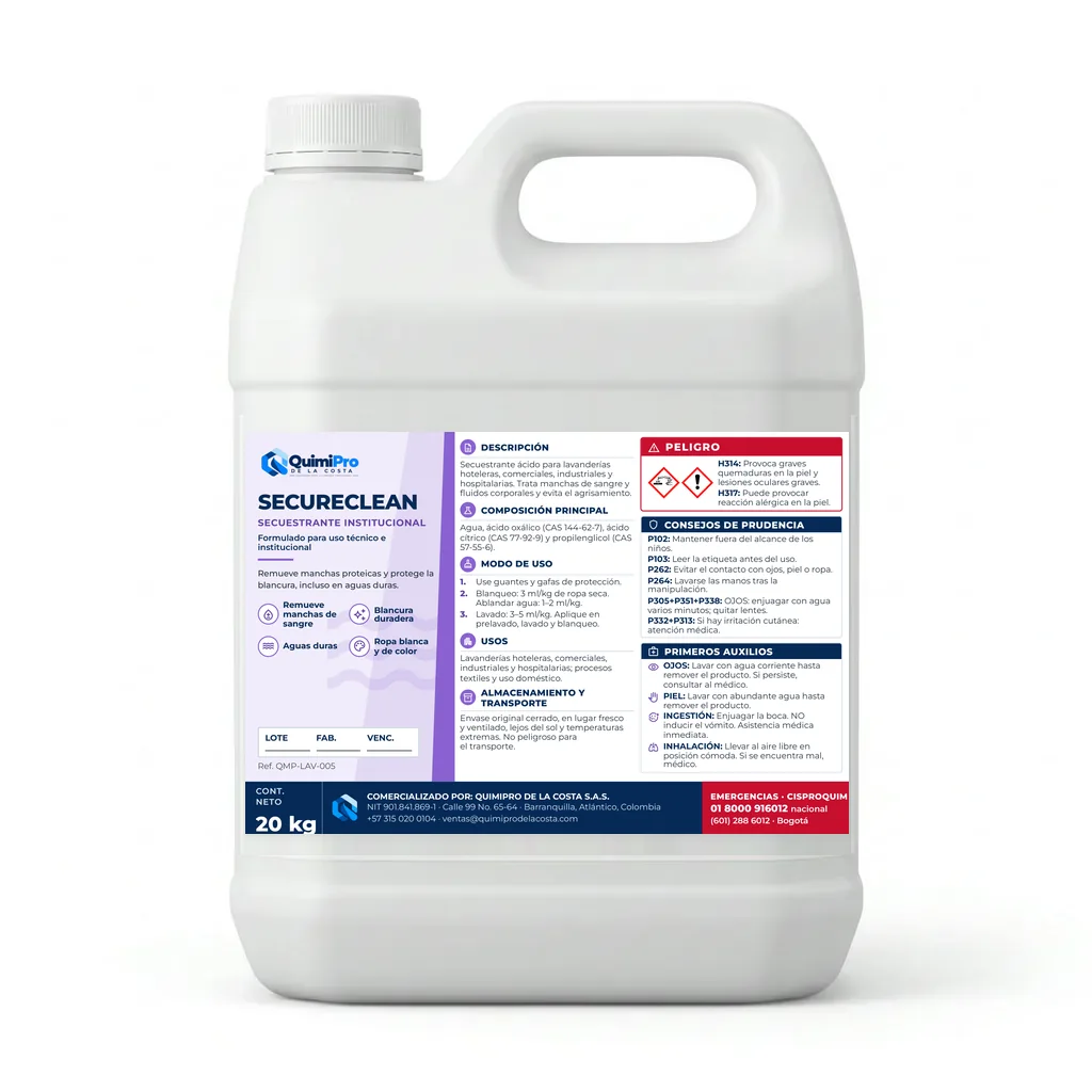 Envase de 20 kg de SecureClean Secuestrante Institucional con su etiqueta
