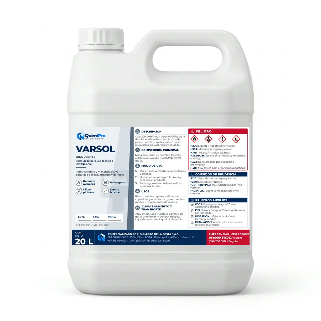 Envase de 20 L de Varsol Sin Olor con su etiqueta