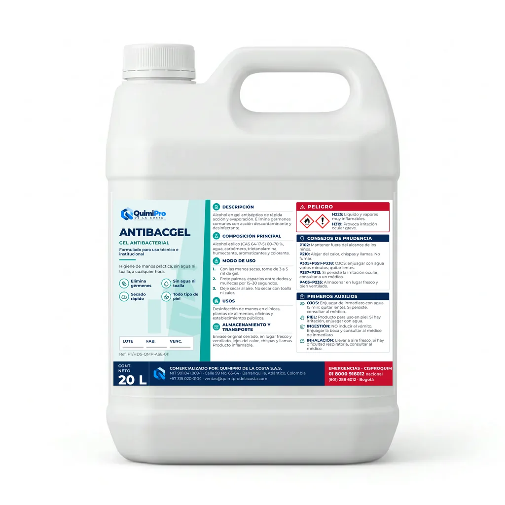 Envase de 20 L de AntiBacGel Gel Antibacterial con su etiqueta